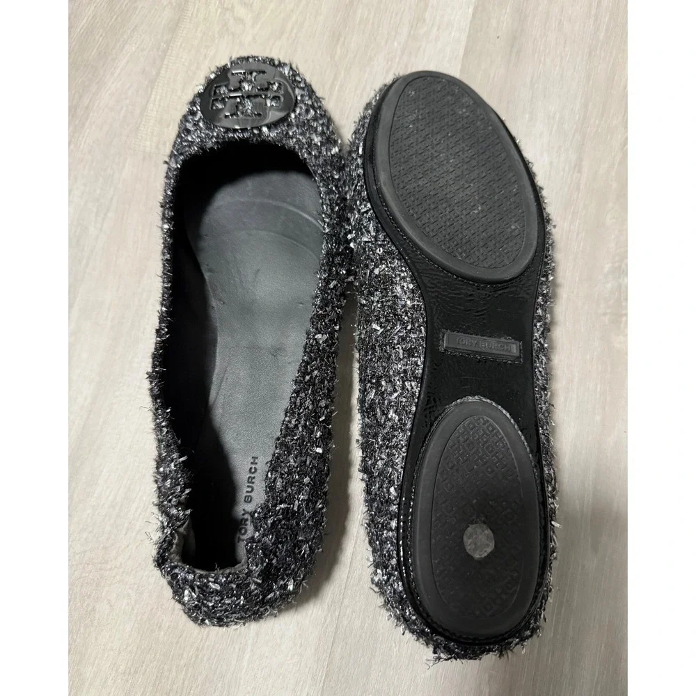Tory Burch Minnie Travel Ballet Flats Sparkle Tweed Embellished Logo Gray Sz 13